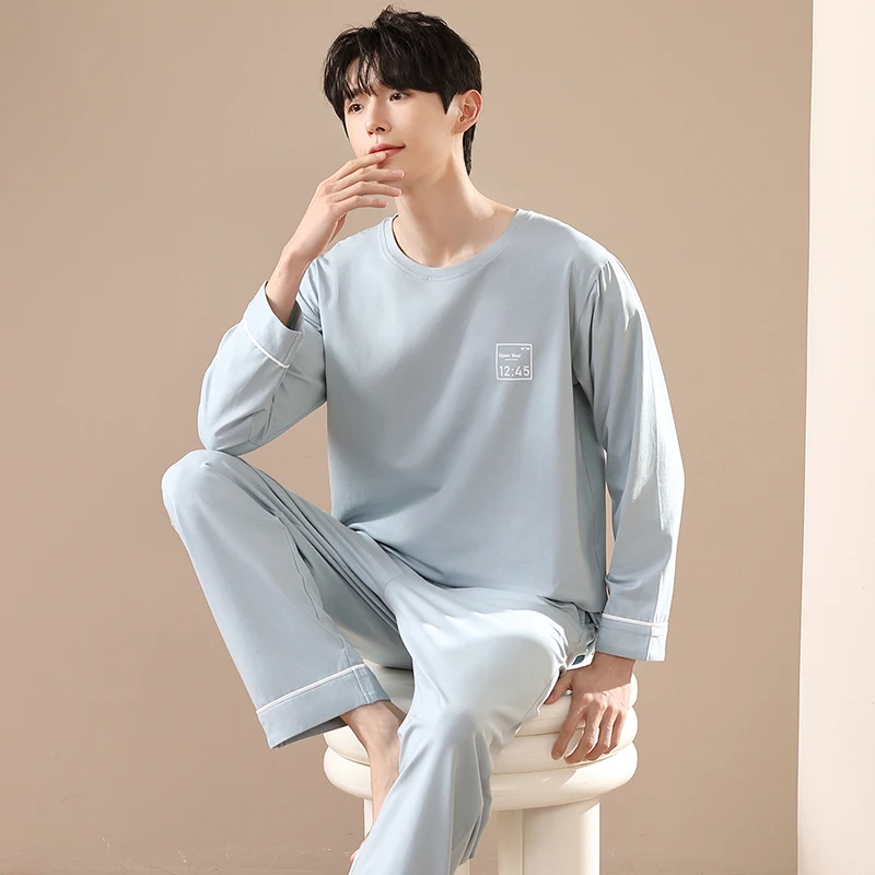 

Korean Fashion Cotton Men's Sleewpear 2 Piece Set Home Clothes Pjs Pyjamas Homme Male Young Boy Big Size L-3XL Loungewear