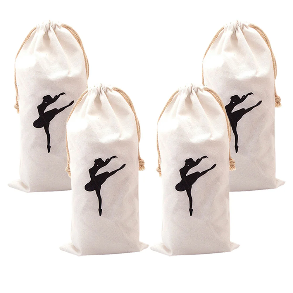 4 Pcs Canvas Drawstring Ballet Pointe Shoes Storage Bag Black Dancer Pattern Portable Lightweight Ballet Shoe Bags For