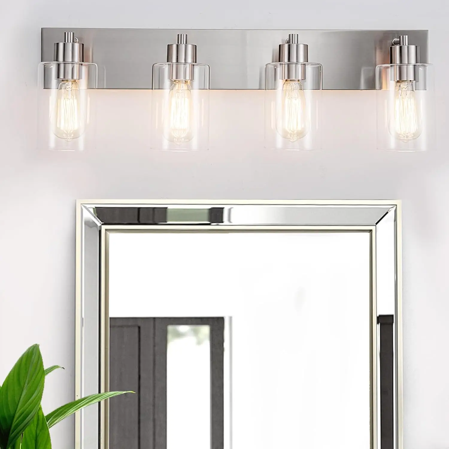 

4-Light Modern Bathroom Vanity Light, Brushed Nickel with Clear Glass