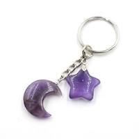 Healing Natural Stone Keychain Trendy Moon Star Charm Bead Pendant Silver Color Holder Key Ring Car Key Ring Bag Decor