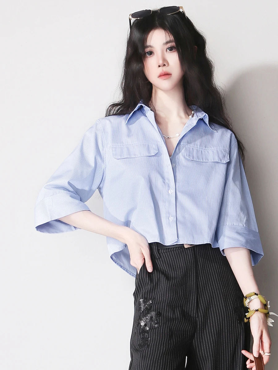 

F56 Simple High Waist Short Straight Pocket Slim Striped Blue White Shirt Women's Spring Season Breathable Skin-Friendly