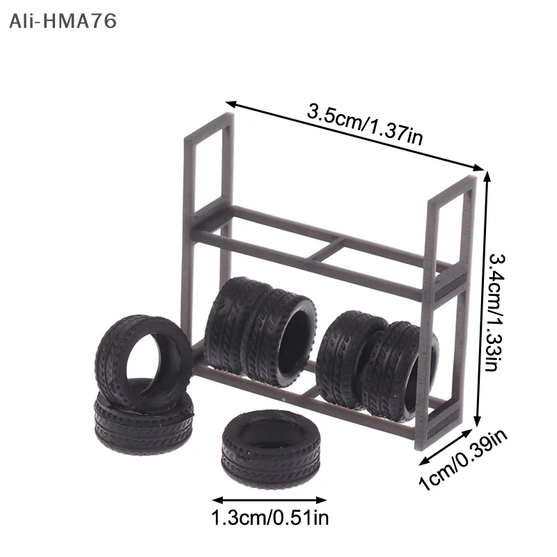 HMA76-1: Stojak na opony w skali 1:64 i 7 opon, akcesorium do sceny garażu modelarskiego, zestaw narzędzi warsztatowych, miniaturowy rekwizyt