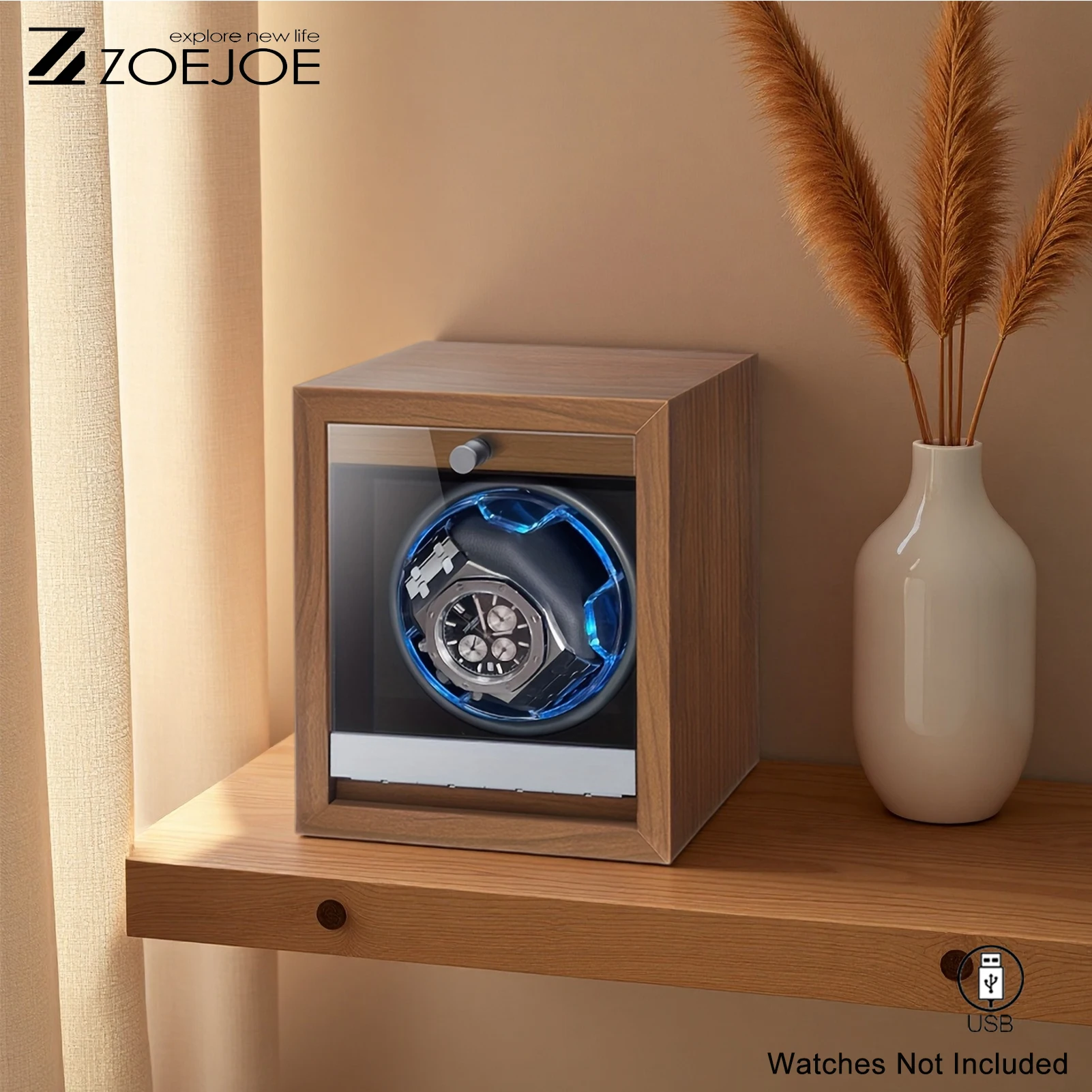 

ZOJOE Устройство для подзавода часов с одним слотом, с текстурой под дерево, LED-подсветкой, USB-кабелем, прозрачной крышкой, коробка для хранения часов, праздничные подарки для мужчин