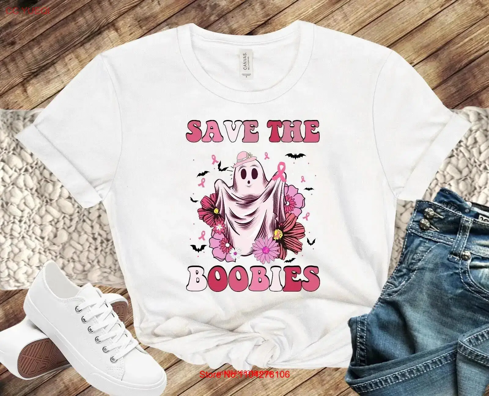 Save The Boobies Pink Ghost Halloween Breast Cancer T Shirt long or short sleeves