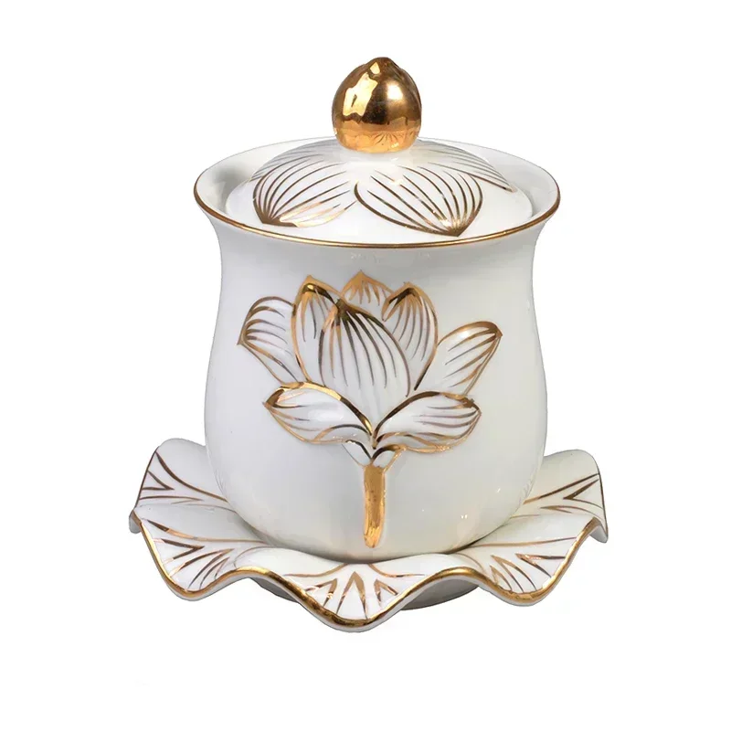 Exquisite Ceramic Buddha Offering Set with Gold Painting, Water Supply Cup, Flower Vase, White Lotus, Buddha Offering Decoration