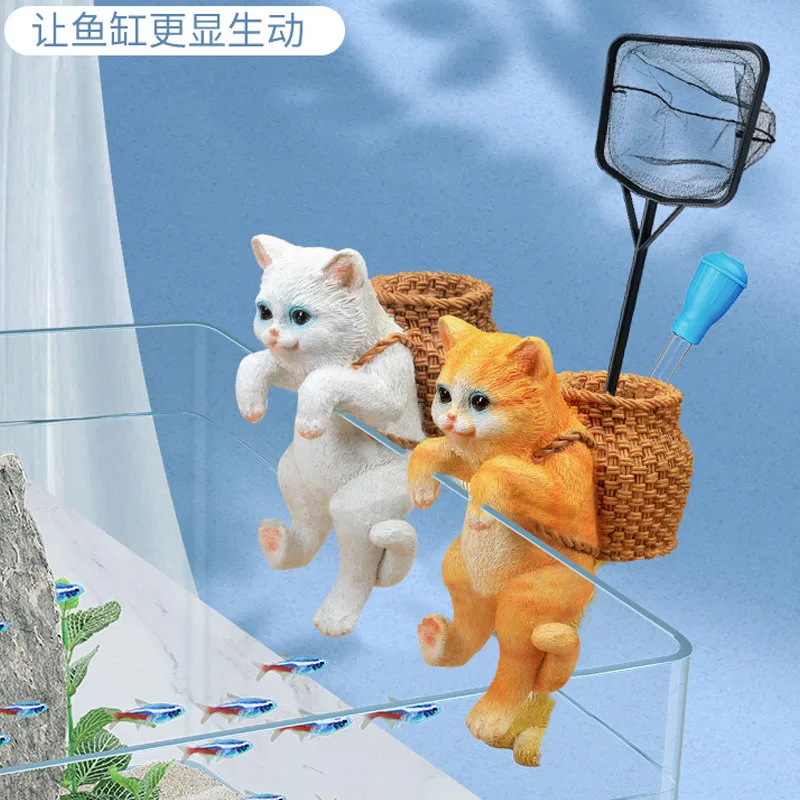 Cute Cat Figurines Fish Tank Hanging Cat with Storage Basket Tools Storage Aquarium Ornaments Decorations Fish Tank Accessories