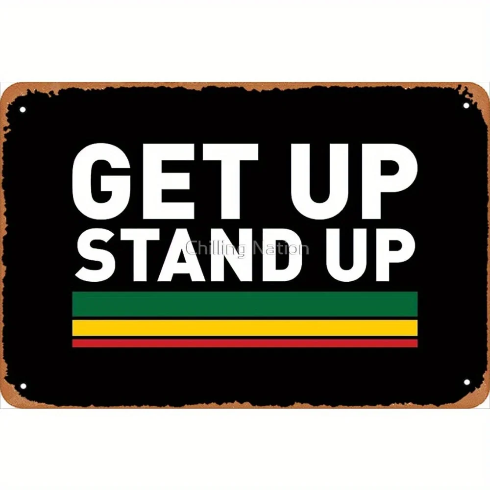 Get Up Stand Up Reggae Rasta Vibes Metal Tin Sign - Vintage  Wall Art with Bold White Lettering, Green & Yellow Stripes, Black B