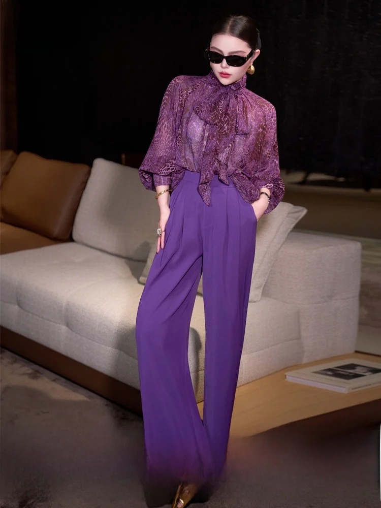 

High Waist Drapey Casual Commute Women's Pants Purple Suit Pants Loose Wide Leg Pants Fashionable Summer Workwear