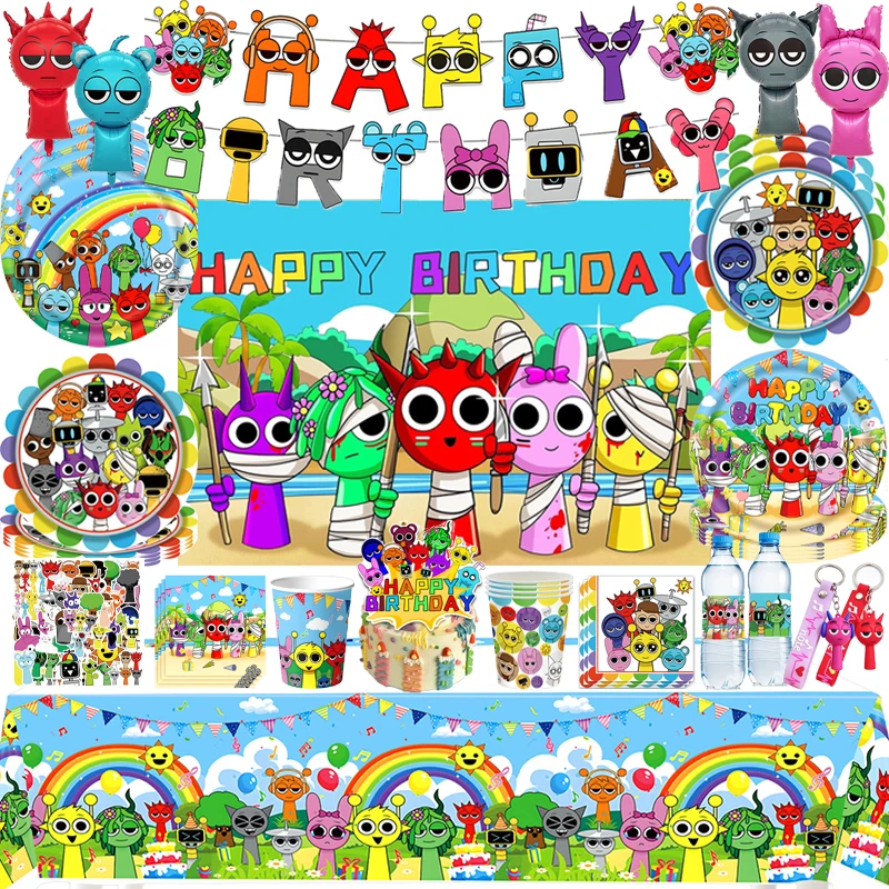 Table Cloth Disposable - Kit Completo Sprunki: Piatto, Bicchiere, Palloncino,