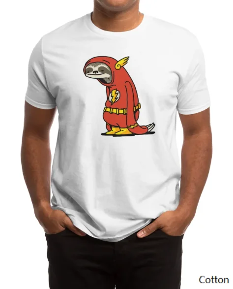 

Fun Sloth Superhero Cotton Crew Neck T Shirt Featuring A Unique Design of A Sloth in A Superhero Costume Ideal for Fans