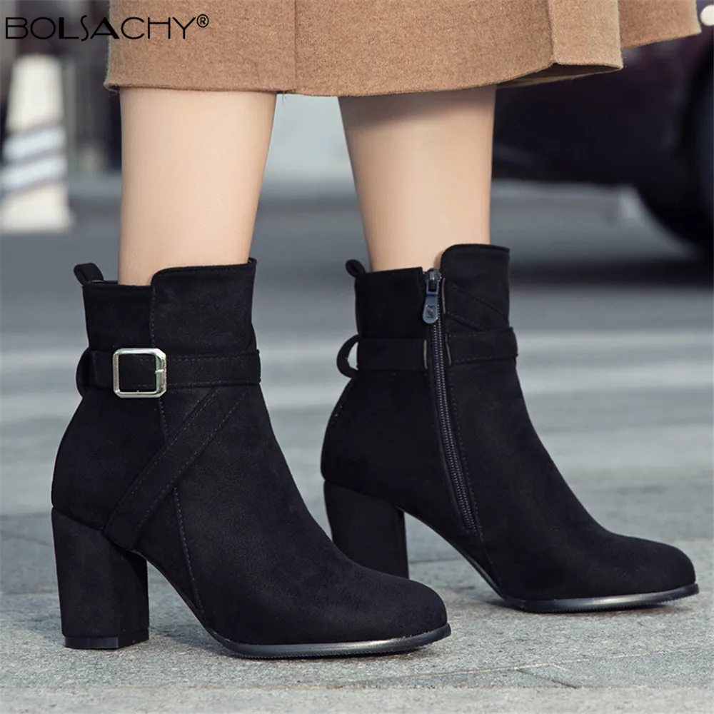 Women High Heels Ankle Boots 2022 Round Toe Elegant Short Booties Ladies Ankle Boots Buckle Decoration Black Blue Autumn Winter