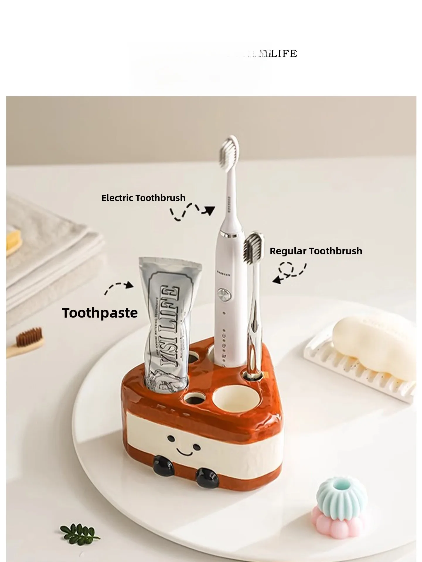 

Tlife Ceramic Toothbrush Holder Bathroom Vanity Cute Base Cake Design Storage Organizer Dental Care Accessory Six Slots