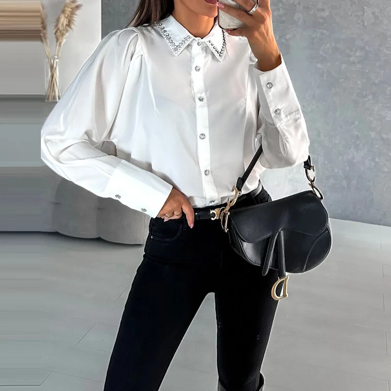 Spring Autumn Fashion Diamond Inlay Shirts For Women Solid Color Long Sleeves Loose Turn-down Collar Buttons Cardigans Blouses