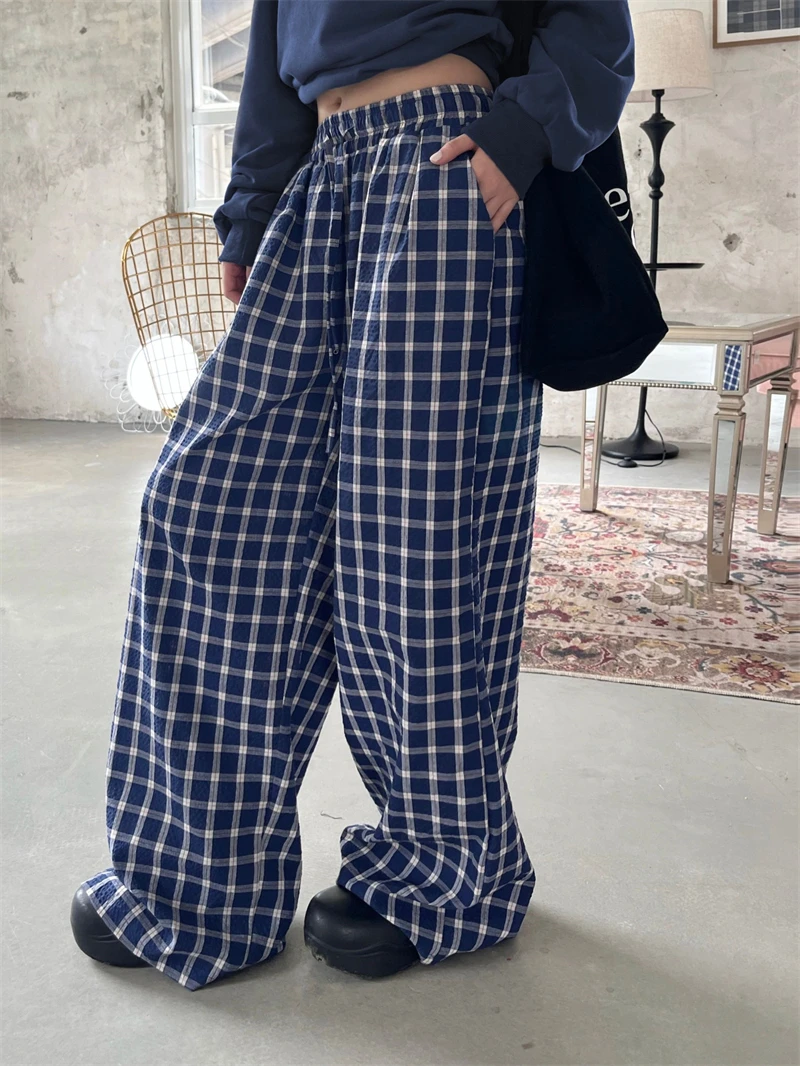 

Women High Elastic Waisted Plaid Casual Pants Female Spring 2025 Wide Leg Long Trousers Female (SA187