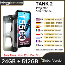 Unihertz 8849 tank 2 waterdichte projector smartphone 24 GB 512 GB Robuuste mobiele telefoon 64 MP Super nachtzicht 15500 mAh telefoon