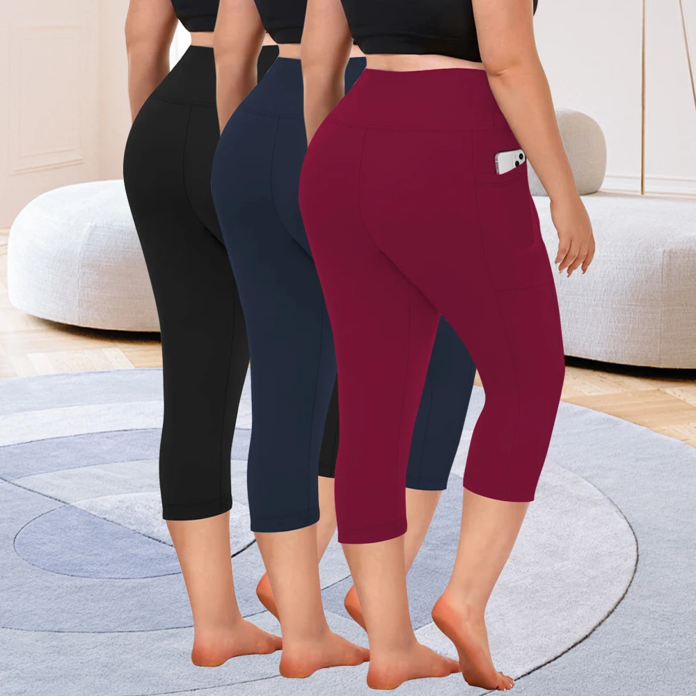 3 Pack Plus Size Sports Leggings Set, High Waist Yoga Pants With Pockets, Tummy Control Workout Running Yoga Leggings For Women