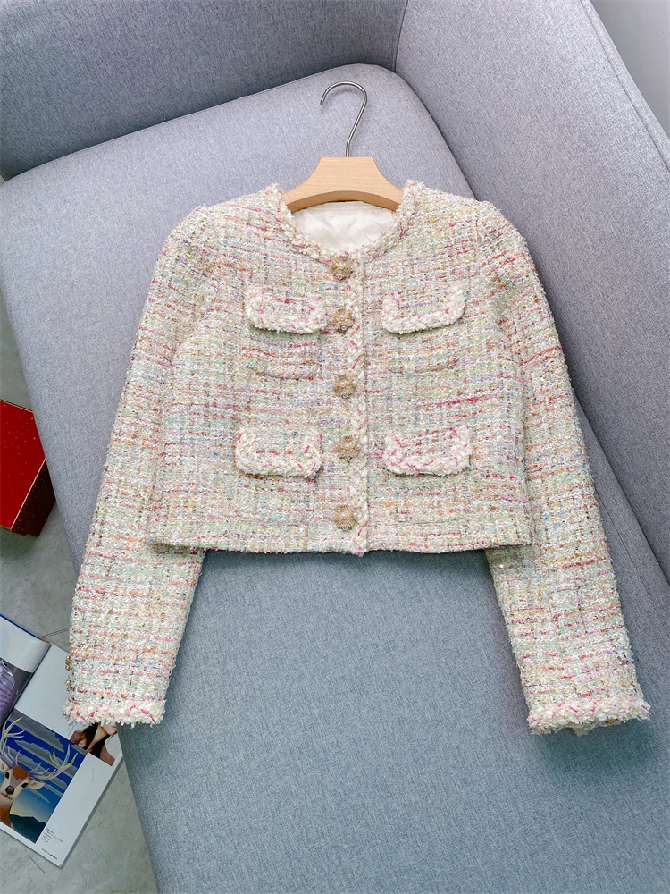 

2025 New Fashion Heavy-duty-style tweed blended yarn exquisite diamond decoration button jacket + dress for women