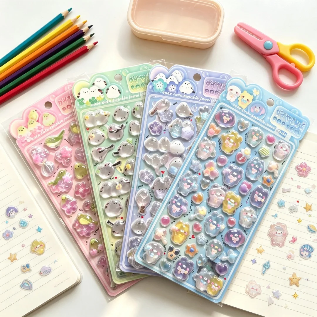4Sheets Kawaii Cartoon Character Crystal Cute Mini Animal 3D Epoxy Glossy Self-Adhesive Sparkle Stickers for DIY Craft Decor