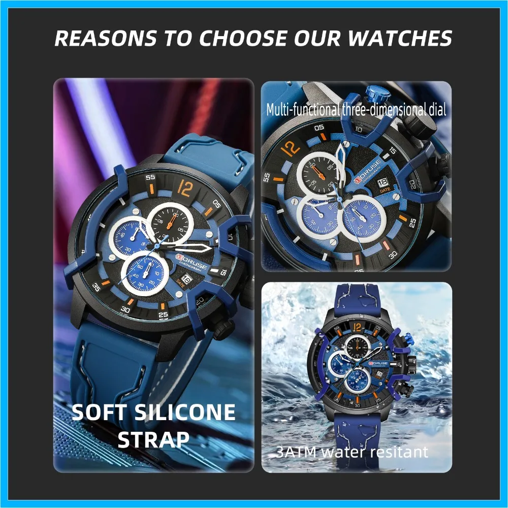 BORUSE 2 قطعة/المجموعة من ساعة رجالي رياضية وشخصية سوار سيليكون حزام مؤشر كوارتز ساعة اليد هدية مثالية للرجال #6