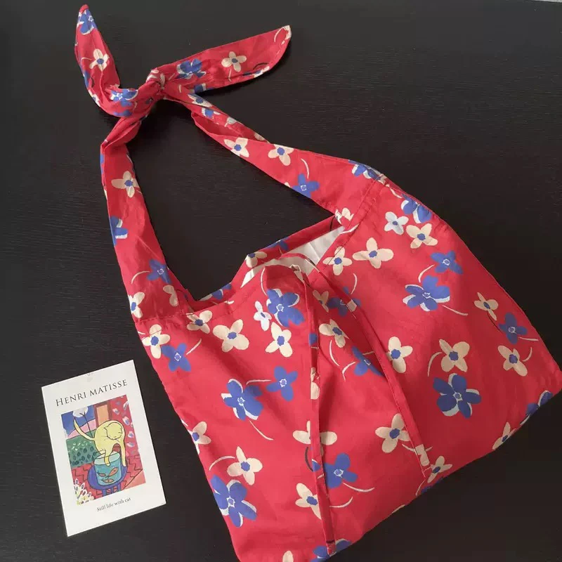 حقيبة كتف قماشية بنقشة زهور عتيقة للنساء، حقيبة كروس متعددة الاستخدامات بألوان متباينة، حقيبة يد كورية الطراز لصيف 2025 #5