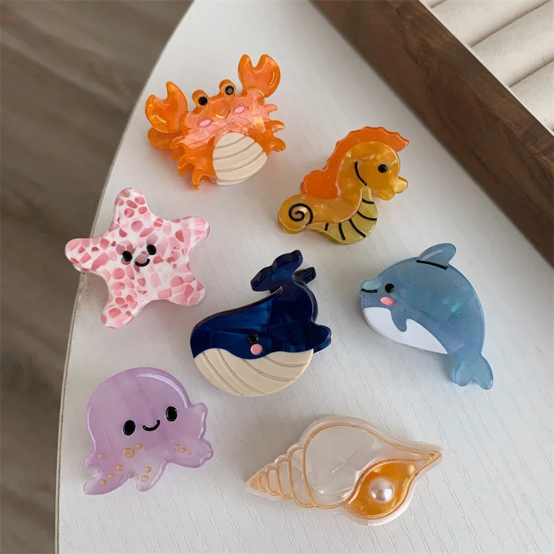 Small Delicate Cute Ocean Trumpet Acetate Hair Clips Cartoon Whale Seahorse Crab Starfish Hair Grab Side Bangs Clip for Girls