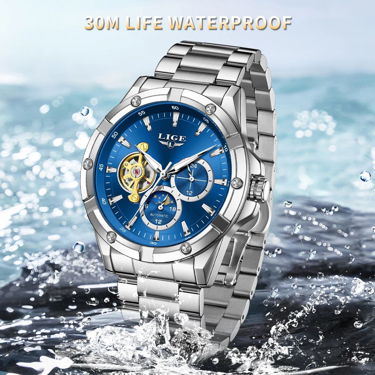 LIGE Mechanical Wristwatches Watches for Man Watches Golden Skeleton Automatic Mechanical Mens Watch reloj hombre montre homme