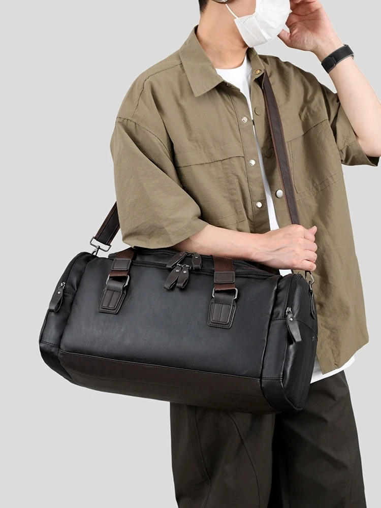 Men's leather travel bag, vintage handbag, large capacity single shoulder diagonal cross business fitness luggage bag, men's bag