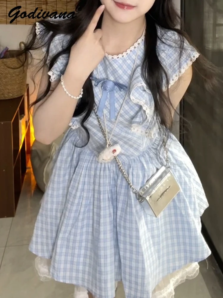Girls Summer New Feifei Sleeve A-line Dress Cute and Fashion Kids Preppy Blue Plaid High Waist Lace Trim Mesh Patchwork Dresses