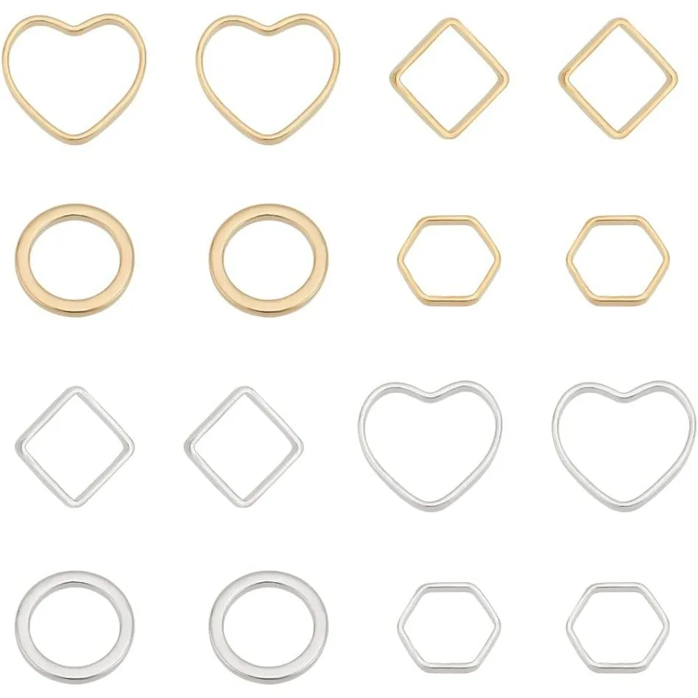

80Pcs Real 24K Brass Linking Rings 8 Style and Geometric Blank Hollow Charms Bezel Charm