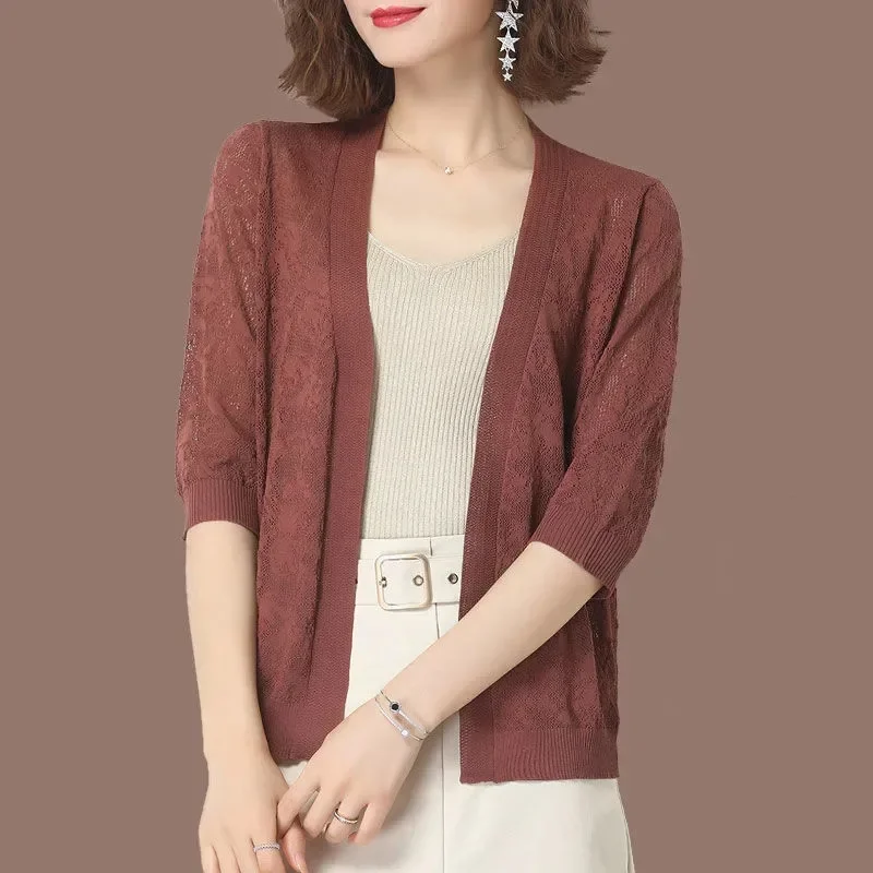 Summer Ladies Knitting Cardigan Jacket Women Short Thin Female Shawl Noble Ice Silk Knitting Shirt Sun Protection Clothing E5122