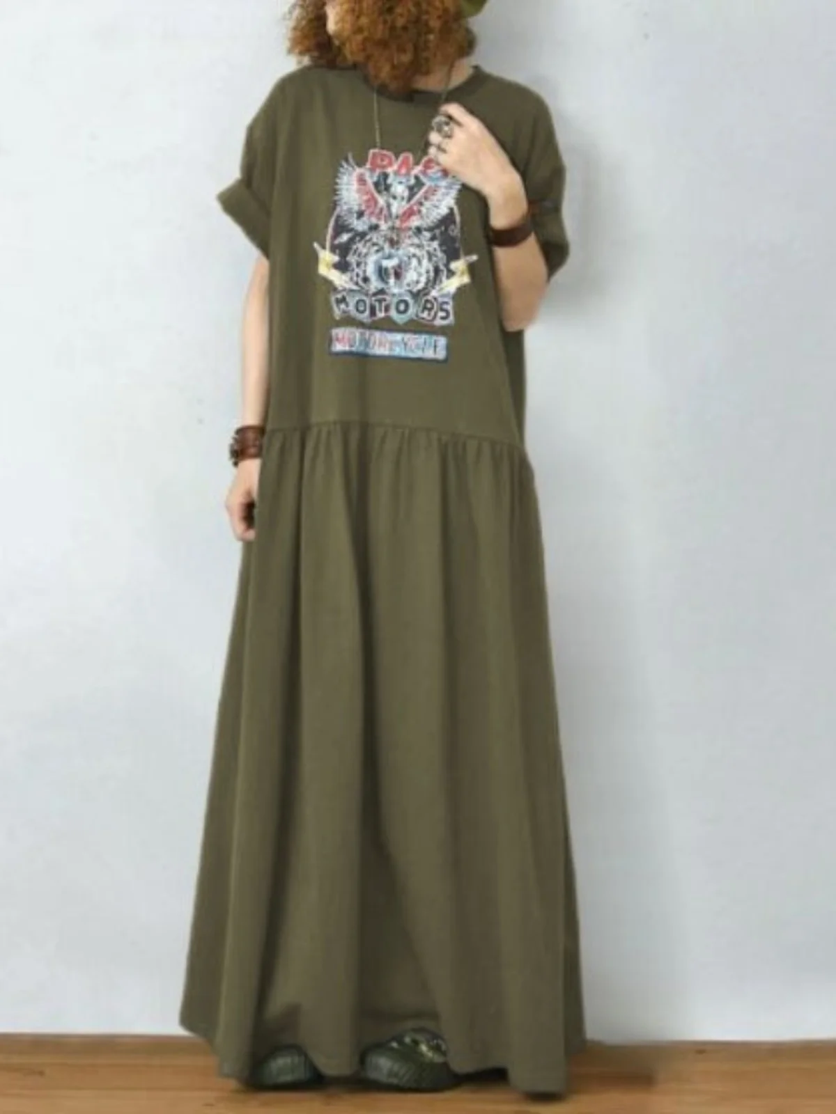 Coréen Sle ample grande taille doux rond Ne ort Sve t-shirt Dr genou longueur imprimé avant et Ba jupe a-ligne Dr