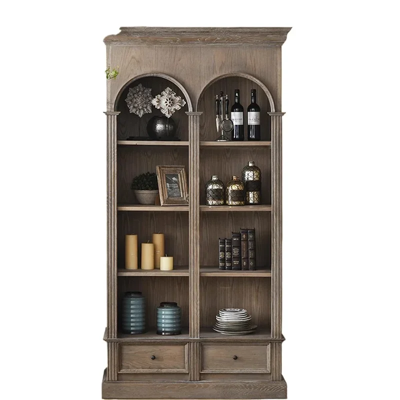 All solid wood simple European oak whole wall bookshelf combination, log floor bookcase,  American bookcase