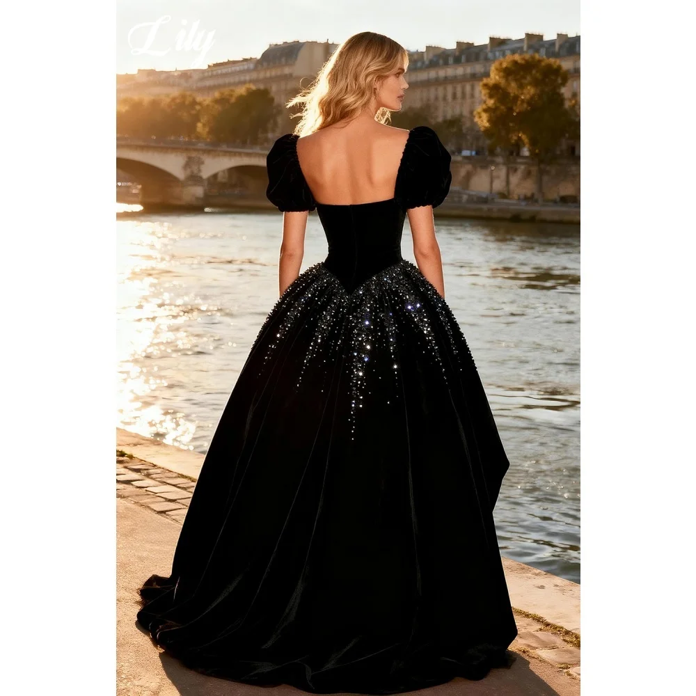 Lily Black Prom Dress Square Strap Evening Dresses With Beaded 프롬드레스 Princess Party Formal Occasion Dresses For Women Customized