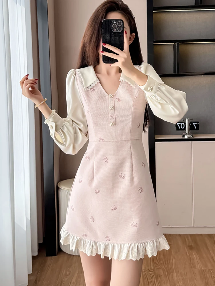 

2025 Pink Patchwork White Long Sleeve Doll Collar Mini Dress Autumn Elegant Lace Ruffled Dress Women Korean Vintage Party Dress