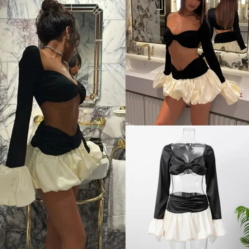 

Сексуальный контрастный укороченный топ с запахом на груди, женский белый пышный плиссированный подол, короткие юбки-бутоны, комплекты элегантной женской вечерние клубной одежды