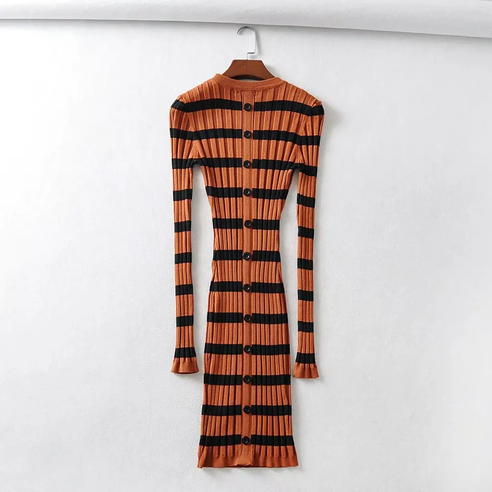 Maxdutti Vintage Striped Fashion Knitted Dress Sexy Sheath Mini Dress Women