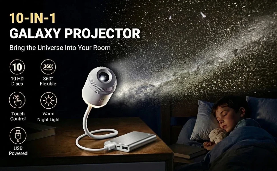 WACUAAO 2-in-1 HD Galaxy Projector, Compact Starry Sky Night Light with 10 Scenes, Portable Planetarium Lamp for Room Decor