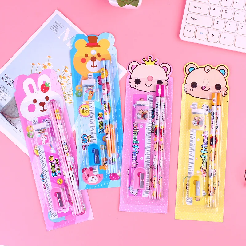 

5Pcs/set School Supplies Kids Stationery Gift Set Cute Pencil Set Kawai Writing Pencils Sharpener Eraser ruler