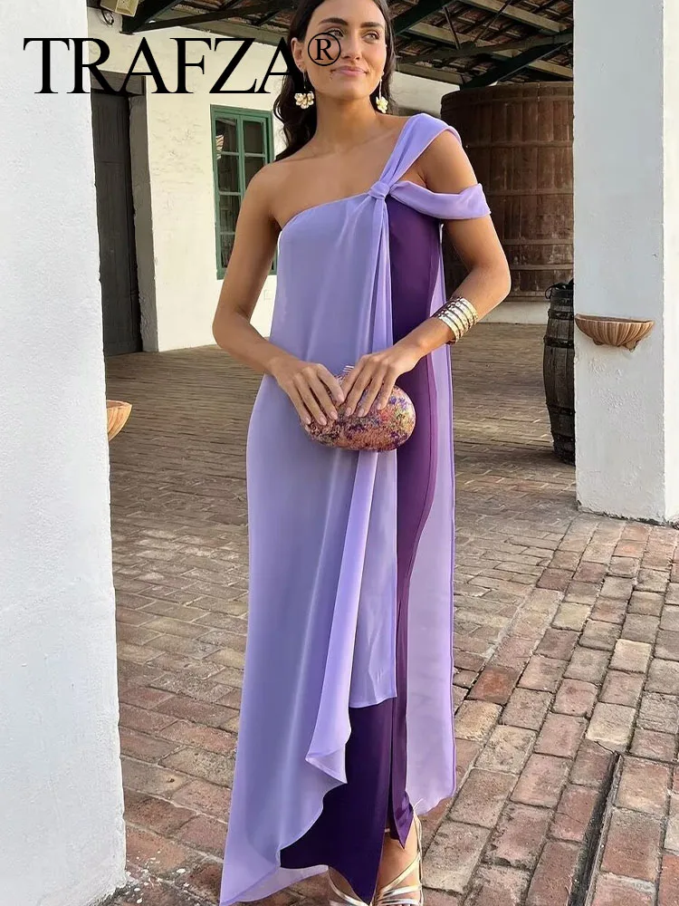 

TRAFZA Summer Women's Elegant Splice Diagonal Shoulder Sling Ankle Length Dress Split Hem Purple Sleeveless Dress Mujer Party