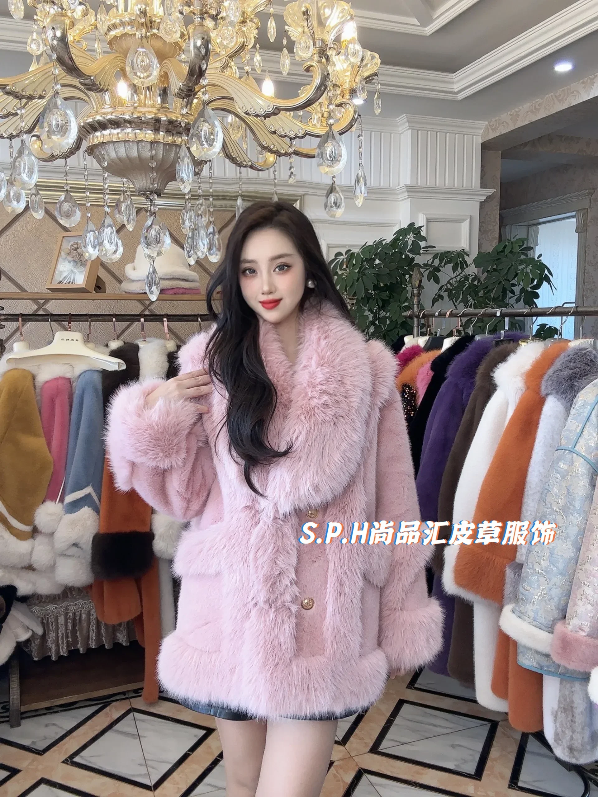 2023 Winter New Thicken Contrast Color Fur Fluffy Jacket Women\'s Big Fur Collar Mid-Length Mink Warm Long Sleeves Faux Fur Coat