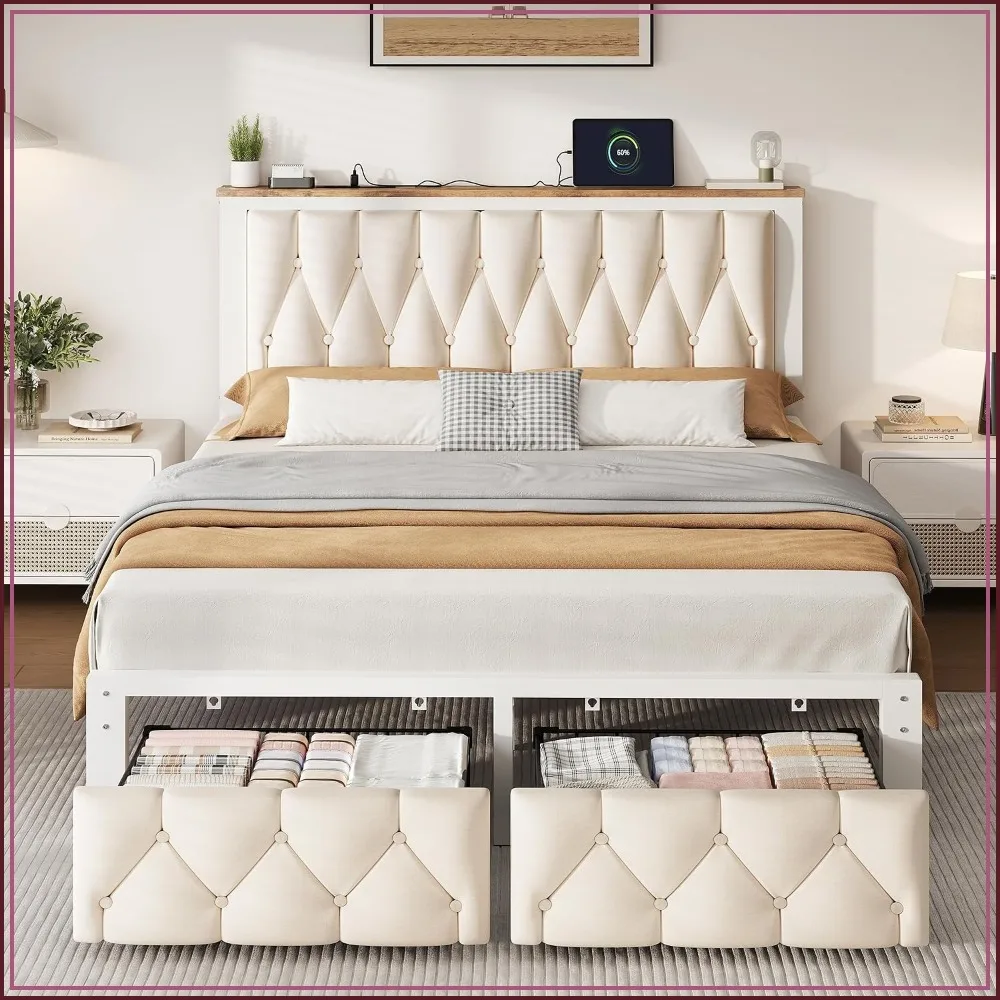 Full Bed Frame with 2 Drawers, Upholstered Platform, Charging Station, Beige