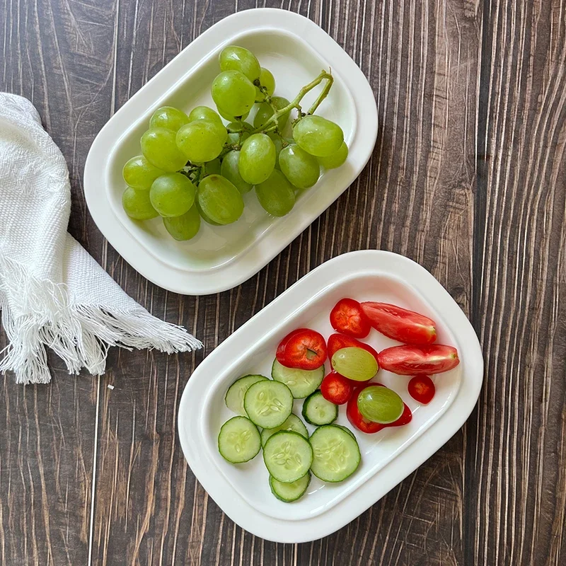 Simple Home Use Ceramic White Porcelain Dish Rectangular Bread Steamed Rice Fruit Dessert Plate China Dinnerware Kitchenware