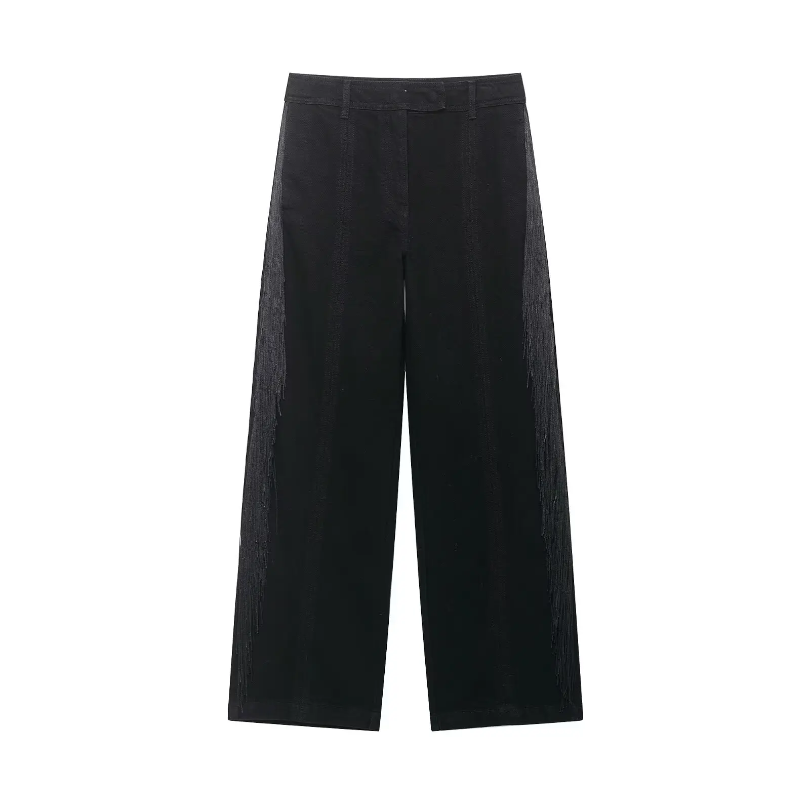 Fashionable Casual Trousers for Women with Fringe Splicing Design High Waist Straight Leg Organic Cotton Elderly Women's Pants