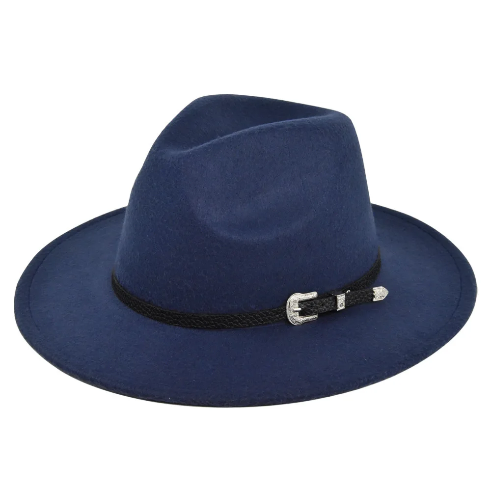 Sombrero Fedora de lana con cinta de cuero negro para hombre y mujer, Sombrero elegante de fieltro, ala ancha, Jazz, iglesia, Panamá, invierno y