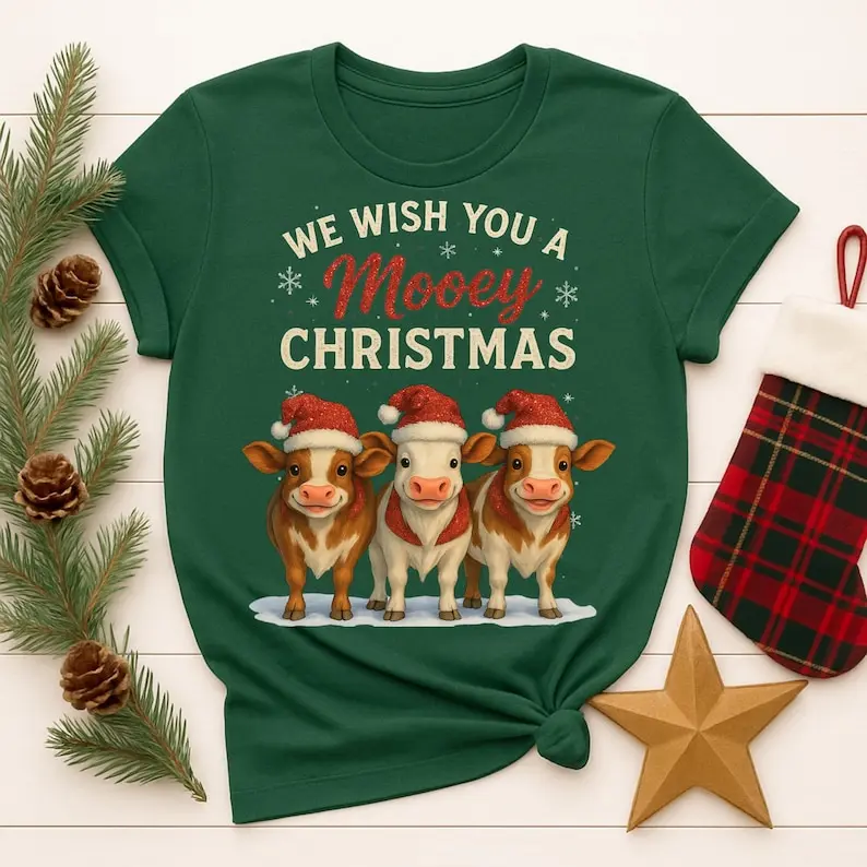 Mooey Christmas Holiday T-Shirts Mugs & Printable Art Lovely Three Cows Cartoons Pattern Short Sleeve Aesthetic Streetwear Tees