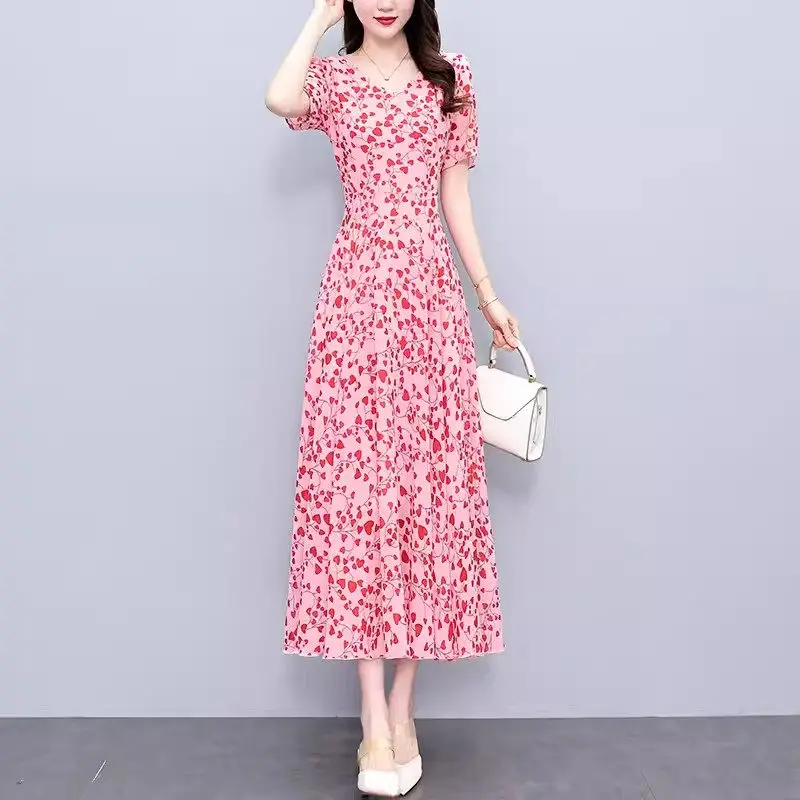 Chiffon Dress 2024 Fashion Short Sleeve New Women's Summer Waist Slimming And Elegance Tea Break French Design Long Dress K545