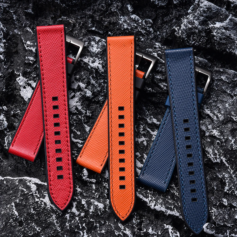 

New Leather+FPM/FKM Rubber Straps 20mm 22mm Double Layer Diver Watch Straps Rubber Watchbands Leather Strap Bracelet Accessories