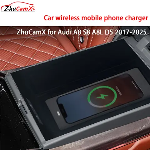 ZhuCamX for Audi A8 S8 A8L D5 2017-2025 팔걸이 보관 무선 휴대 전화 충전기 QI 18W iPhone Magsafe 고속 충전 패널