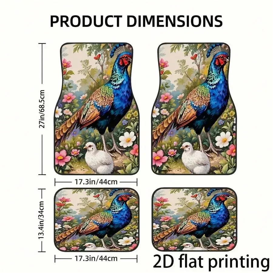 4-Piece Car Floor Mats Set Peacock Floral Design Universal All Season Durable Washable Interior Accessories