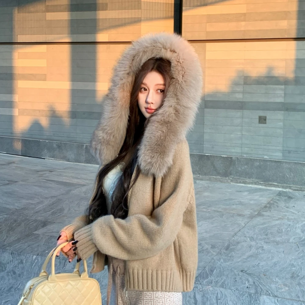 

Трикотаж, женская весенняя модная короткая вязаная куртка, осенняя куртка с капюшоном из натурального лисьего меха, кардиган из натурального меха, женское повседневное пальто